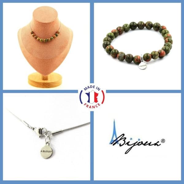 Stenar och mineraler. Smyckesset Armband Halsband 10 Unakite Beads 8 mm. Stålkedja Anpassningsbar storlek.