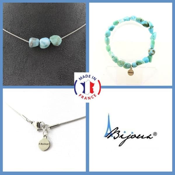 Stenar och mineraler. Smyckesset Armband Halsband 3 Larimar pärlor från République Anpassningsbar storlek.
