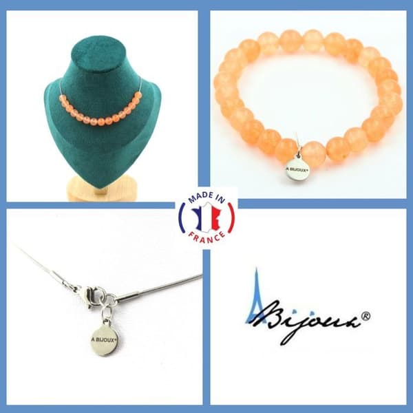 Stenar och mineraler. Smyckesset Armband Halsband 15 Orange Kalcedonpärlor 8 mm. Anpassningsbar storlek.