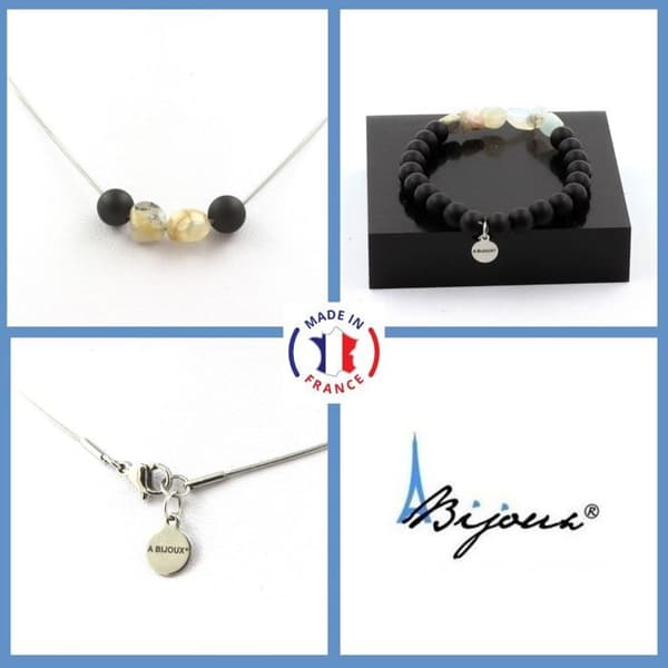 Stenar och mineraler. Smyckesset Armband Halsband pärlor Mattsvart Onyx + Opal Anpassningsbar storlek.