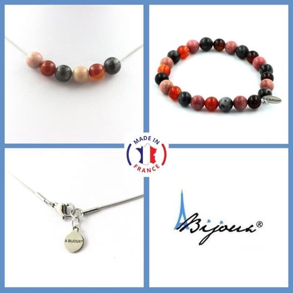 Stenar och mineraler. Smyckesset Armband Halsband Rhodonite + Labradorite + Agatpärlor Anpassningsbar storlek.