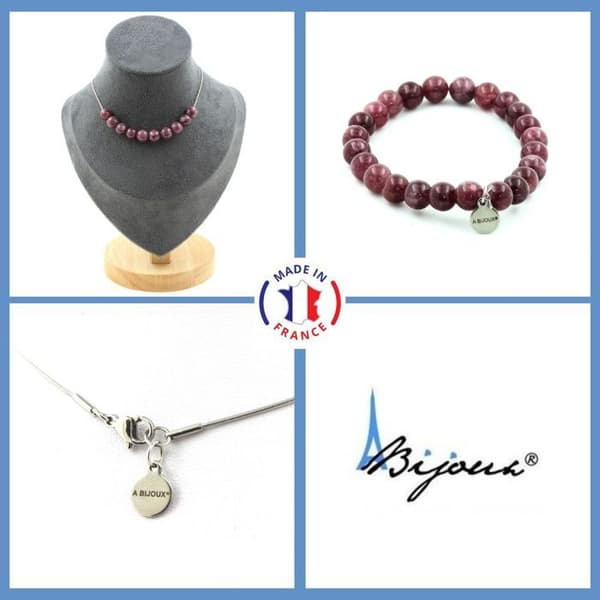 Stenar och mineraler. Smyckesset Armband Halsband 10 Lepidolite Pärlor 8 mm. Kedja i anpassningsbar storlek.