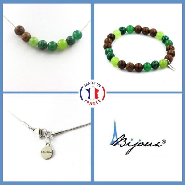 Stenar och mineraler. Armband Halsband Set Peridot Beads + Malachite + Green Agate + Anpassningsbar storlek.