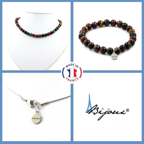 Stenar och mineraler. Smyckesset Armband Halsband Flerfärgade Tiger Eye Beads 8 mm. Anpassningsbar storlek.
