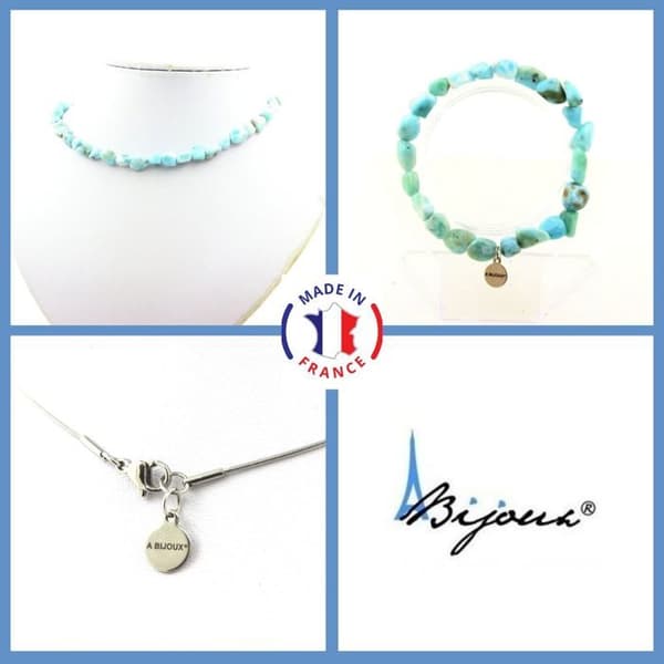 Stenar och mineraler. Smyckesset Armband Halsband Larimar pärlor från République Anpassningsbar storlek.