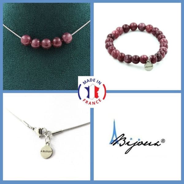 Stenar och mineraler. Smyckesset Armband Halsband 5 Lepidolite Pärlor 8 mm. Kedja i anpassningsbar storlek.