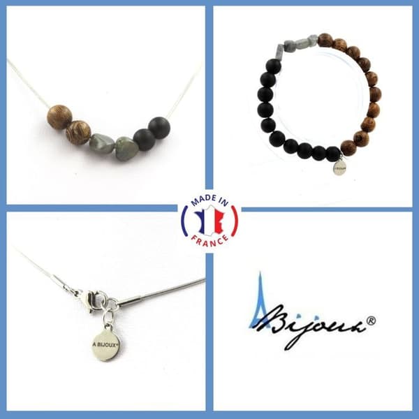 Stenar och mineraler. Smyckesset Armband Halsband träpärlor + Mattsvart Onyx + Anpassningsbar storlek.