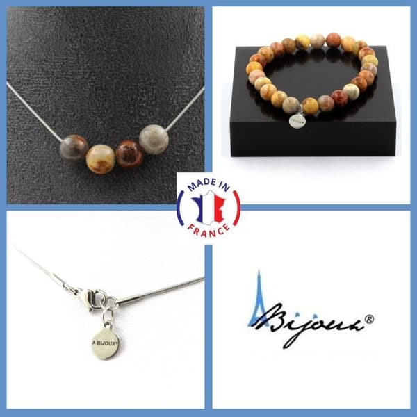 Stenar och mineraler. Smyckesset Armband Halsband 4 Agate crazy spetspärlor 8 mm. Kedja Anpassningsbar storlek.