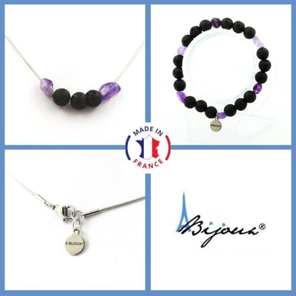 Stenar och mineraler. Smyckesset Armband Halsband 8 mm Lava Beads + Ametist from Brazil. Anpassningsbar storlek.