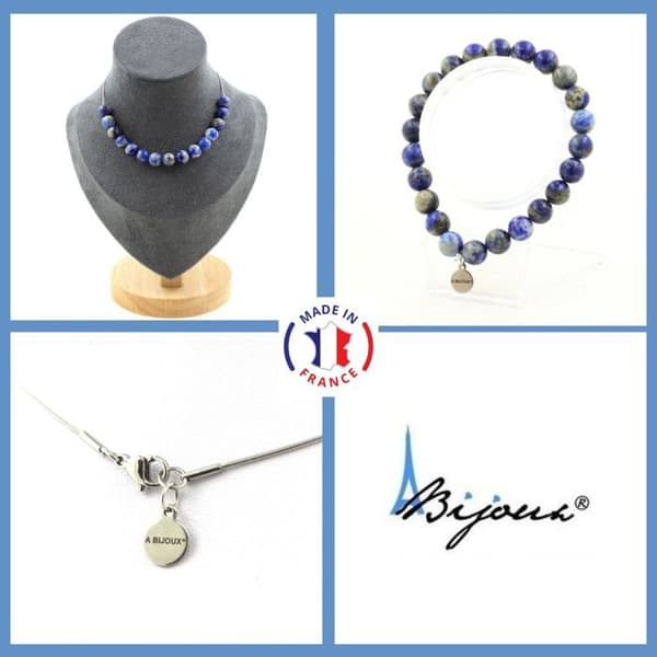 Stenar och mineraler. Smyckesset Armband Halsband 15 Lapis Lazuli-pärlor från Pakistan Anpassningsbar storlek.