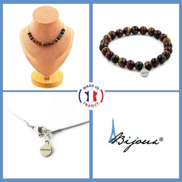 Stenar och mineraler. Smyckesset Armband Halsband 15 Multicolored Tiger Eye Beads 8 Anpassningsbar storlek.