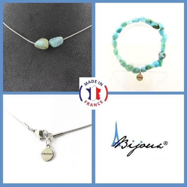 Stenar och mineraler. Smyckesset Armband Halsband 2 Larimar pärlor från République Anpassningsbar storlek.