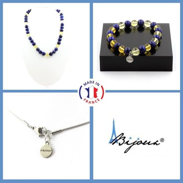 Stenar och mineraler. Smyckesset Armband Halsband Pärlor Lapis Lazuli + Citrin 8 mm. Anpassningsbar storlek.