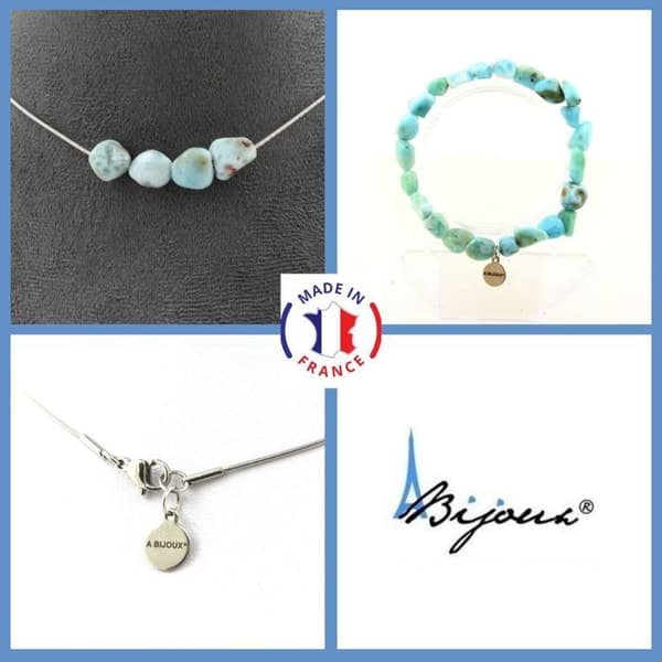 Stenar och mineraler. Smyckesset Armband Halsband 4 Larimar pärlor från République Anpassningsbar storlek.