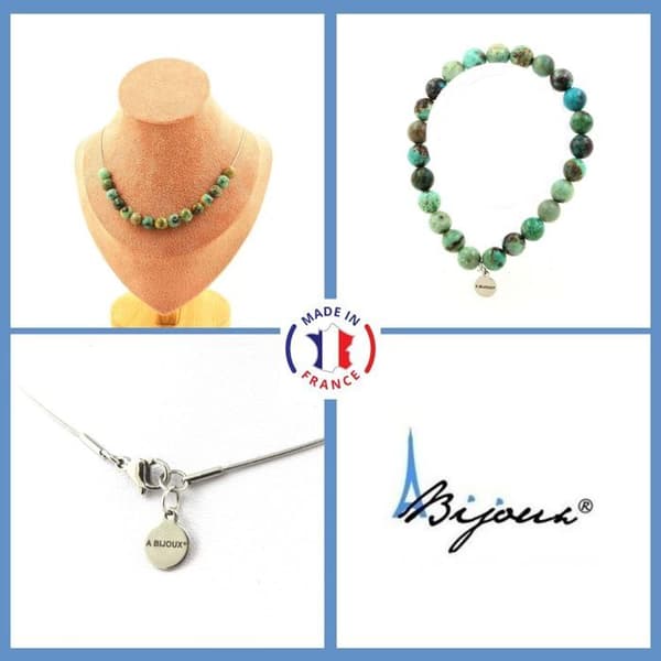 Parure smycken - A Bijoux - Krysokolla från Namibia - 15 pärlor - Rostfritt stål - Justerbar storlek