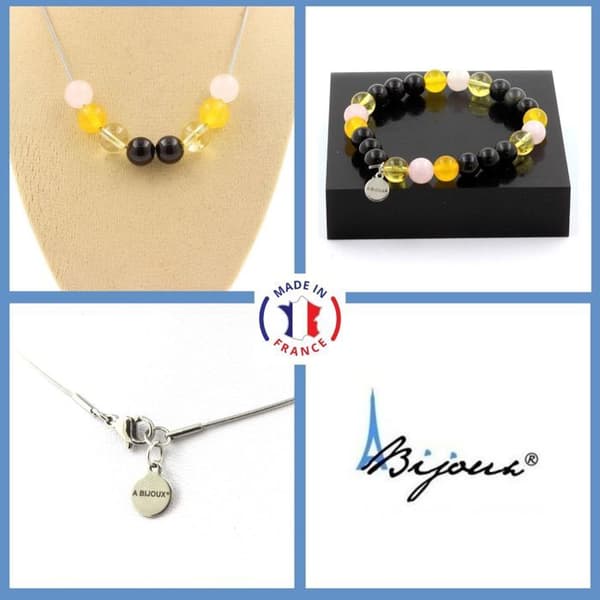 Stenar och mineraler. Armband Halsband Set Black Obsidian Beads + Yellow Agate + Anpassningsbar storlek.