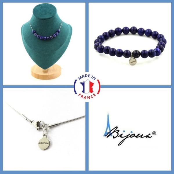 Stenar och mineraler. Smyckesset Armband Halsband 10 Lapis Lazuli Pärlor 8 mm. Kedja i anpassningsbar storlek.