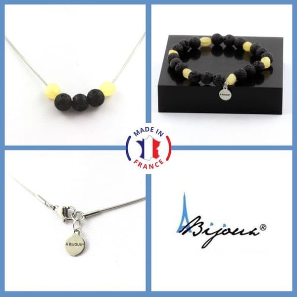 Stenar och mineraler. Smyckesset Armband Halsband 8 mm Lava Beads + Yellow Calcite Anpassningsbar storlek.