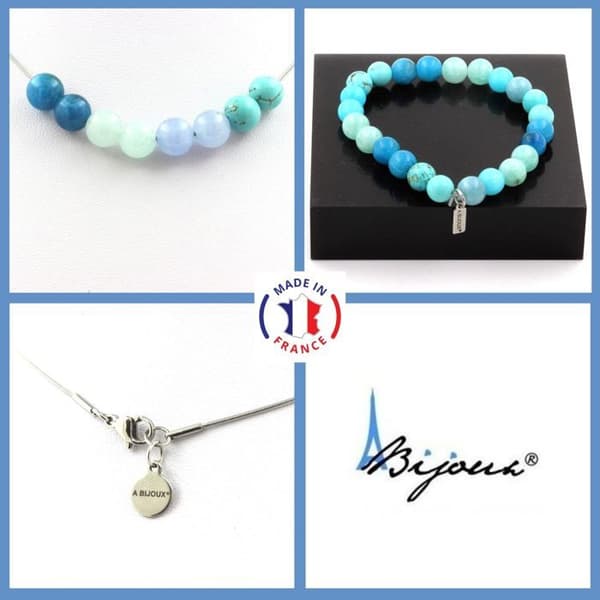 Stenar och mineraler. Smyckesset Armband Halsband pärlor Angelite + Aquamarine + Anpassningsbar storlek.