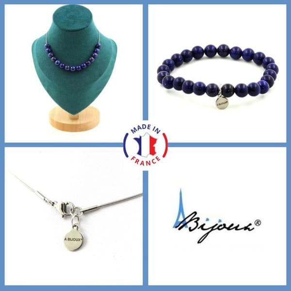 Stenar och mineraler. Smyckesset Armband Halsband 15 Lapis Lazuli Pärlor 8 mm. Kedja i anpassningsbar storlek.