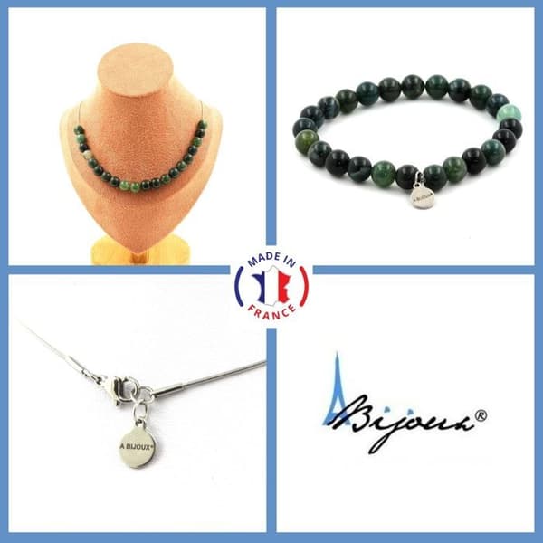 Stenar och mineraler. Smyckesset Armband Halsband 20 Moss Agate Beads 8 mm. Kedja i anpassningsbar storlek.