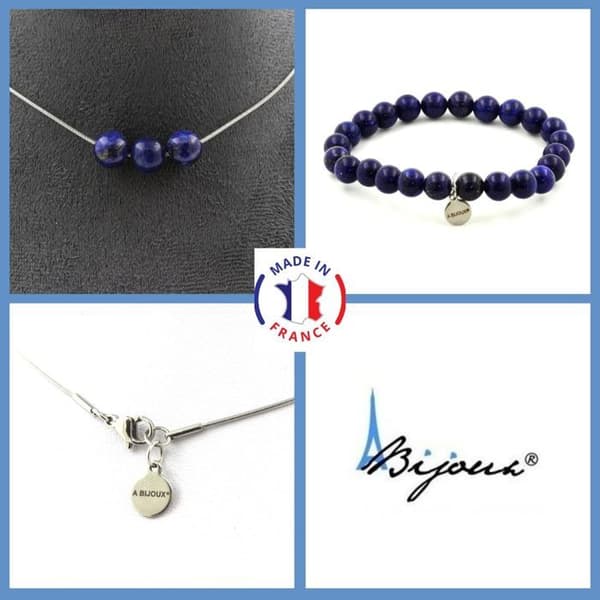 Stenar och mineraler. Smyckesset Armband Halsband 3 Lapis Lazuli Pärlor 8 mm. Kedja i anpassningsbar storlek.
