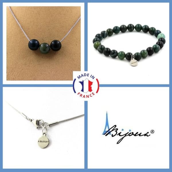 Stenar och mineraler. Smyckesset Armband Halsband 3 Moss Agate Beads 8 mm. Kedja i anpassningsbar storlek.