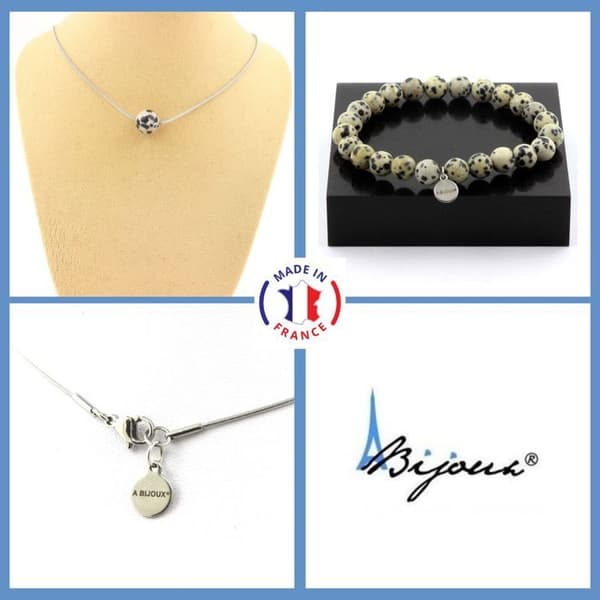 Stenar och mineraler. Smyckesset Armband Halsband 1 Dalmatisk Jaspispärla 8 mm. Kedja i anpassningsbar storlek.