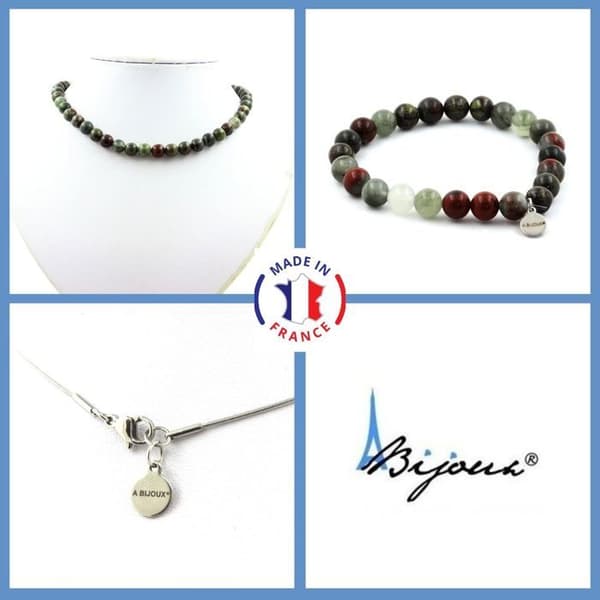 Stenar och mineraler. Smyckesset Armband Halsband Dragon's Blood Jasper Beads 8 mm. Anpassningsbar storlek.