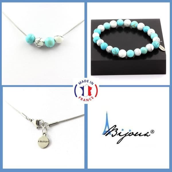 Parure smycken - Ett smycke - Turkos + Howlite - Armband och Halsband - 8 mm - Rostfritt stål