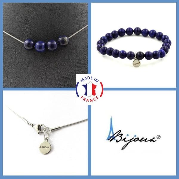 Stenar och mineraler. Smyckesset Armband Halsband 4 Lapis Lazuli Pärlor 8 mm. Kedja i anpassningsbar storlek.