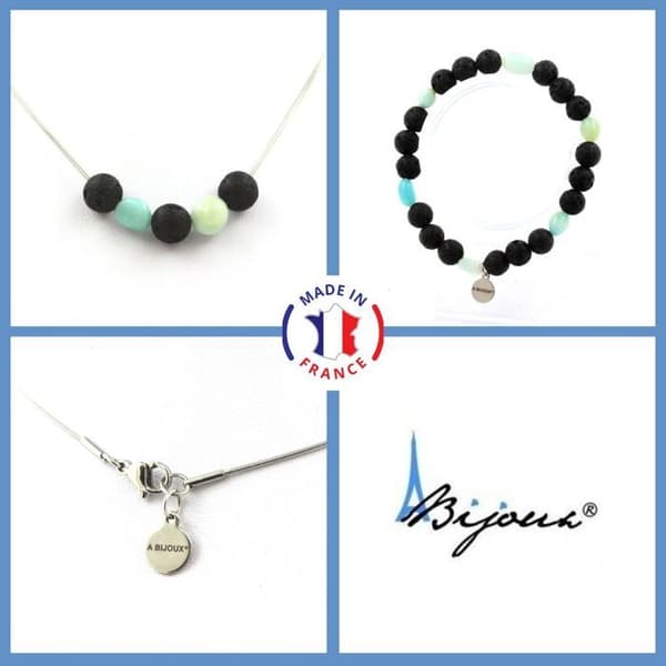 Stenar och mineraler. Smyckesset Armband Halsband 8 mm Lava Beads + Amazonite från Brasilien. Anpassningsbar storlek.