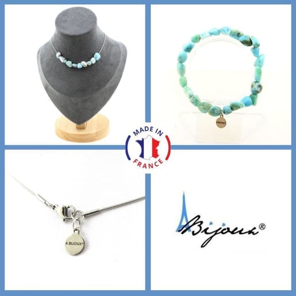 Stenar och mineraler. Smyckesset Armband Halsband 10 Larimar pärlor från République Anpassningsbar storlek.
