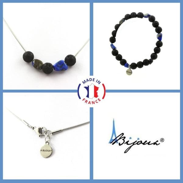 Stenar och mineraler. Smyckesset Armband Halsband 8 mm Lava Beads + Lapis Lazuli Anpassningsbar storlek.