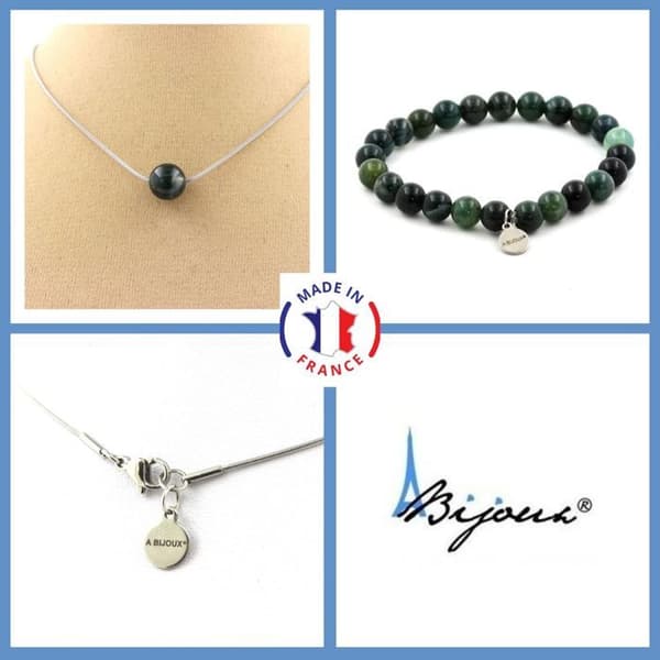Stenar och mineraler. Smyckesset Armband Halsband 1 Moss Agate Bead 8 mm. Kedja i anpassningsbar storlek.
