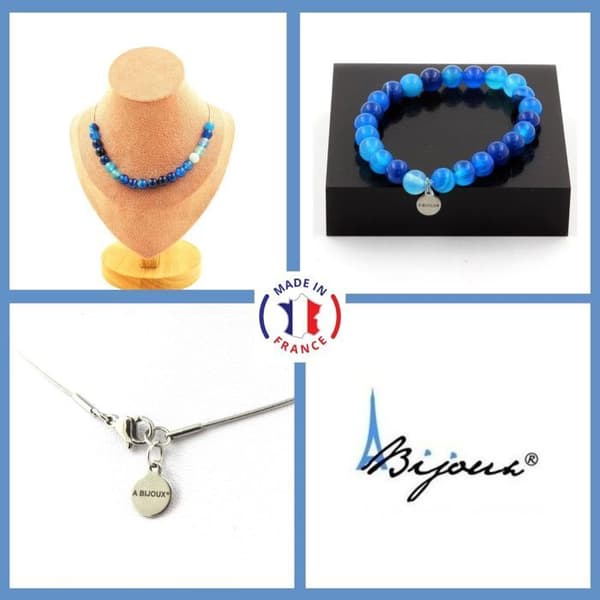 Parure smycken - Ett smycke - Blå bandad agat - Armband och halsband - 20 pärlor - Anpassningsbar storlek