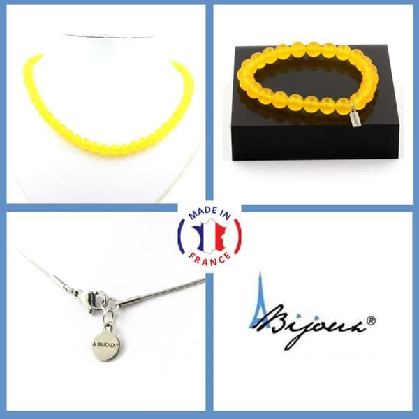 Smyckesset - A Bijoux - Gul agat - Armband och halsband - 8 mm - Rostfritt stål