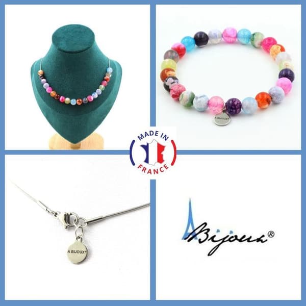 Stenar och mineraler. Smyckesset Armband Halsband 20 pärlor Cracked Agate Fuchsia Anpassningsbar storlek.