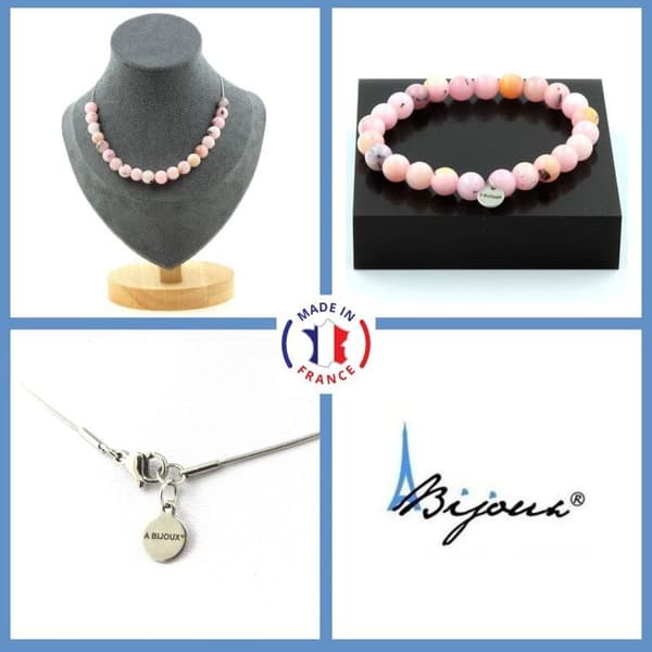 Stenar och mineraler. Smyckesset Armband Halsband 20 rosa Opalpärlor 8 mm. Kedja i anpassningsbar storlek.