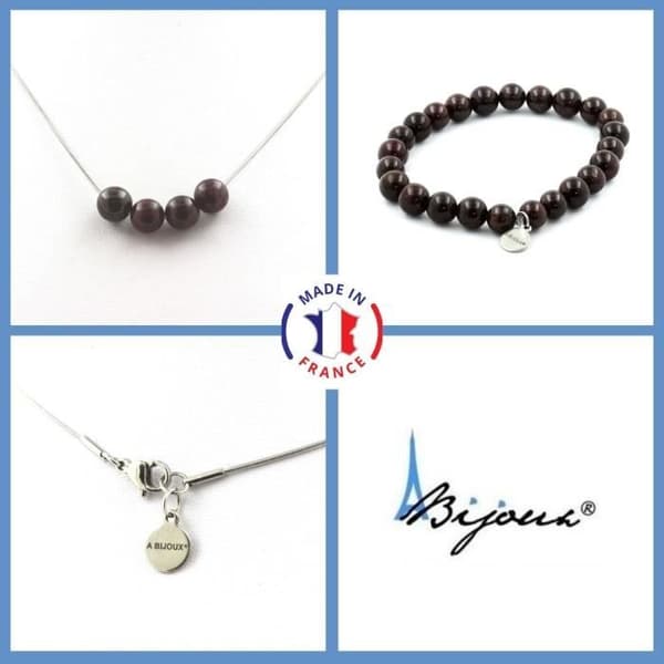 Parure smycken Armband Halsband 4 granatpärlor 8 mm kedja rostfritt stål