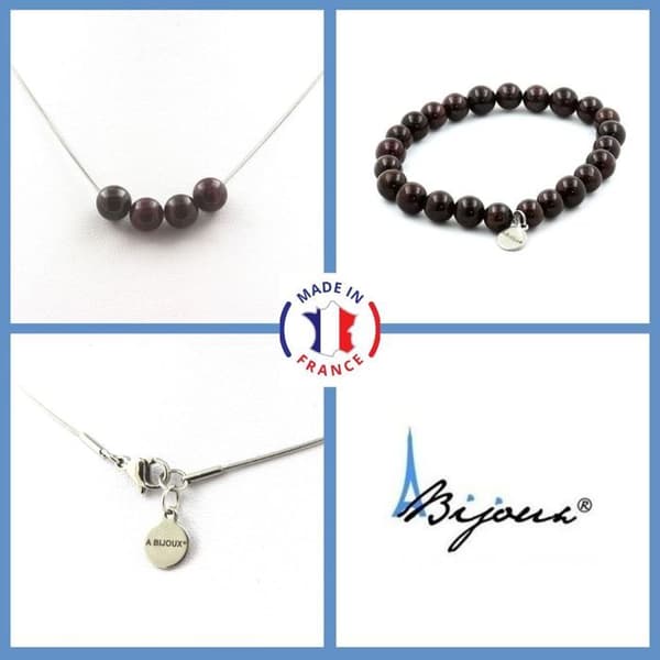 Parure smycken Armband Halsband 4 granatpärlor 8 mm kedja rostfritt stål