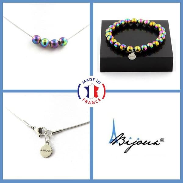 Parure smycken Armband Halsband 4 pärlor Hämatit multicolor 8 mm kedja i rostfritt stål