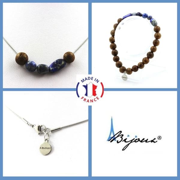Parure smycken - Ett Smycke - Armband och Halsband - Träpärlor 8 mm - Lapis Lazuli - Tillverkat i Frankrike