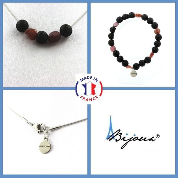 Parure smycken - A Bijoux - Armband och Halsband - Lava pärlor 8 mm - Rubin från Brasilien - Rostfritt stål