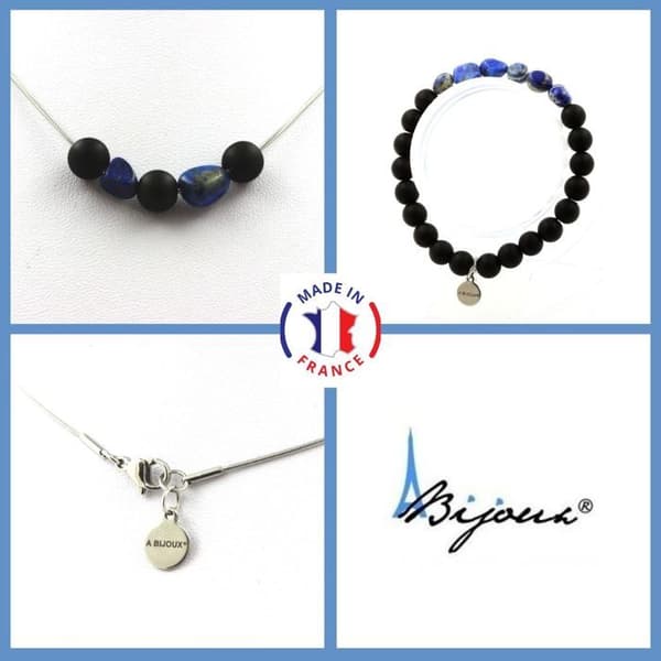 Parure smycken - Ett Smycke - Matt svart onyx 8 mm - Lapis Lazuli - Anpassningsbar storlek - Tillverkad i Frankrike