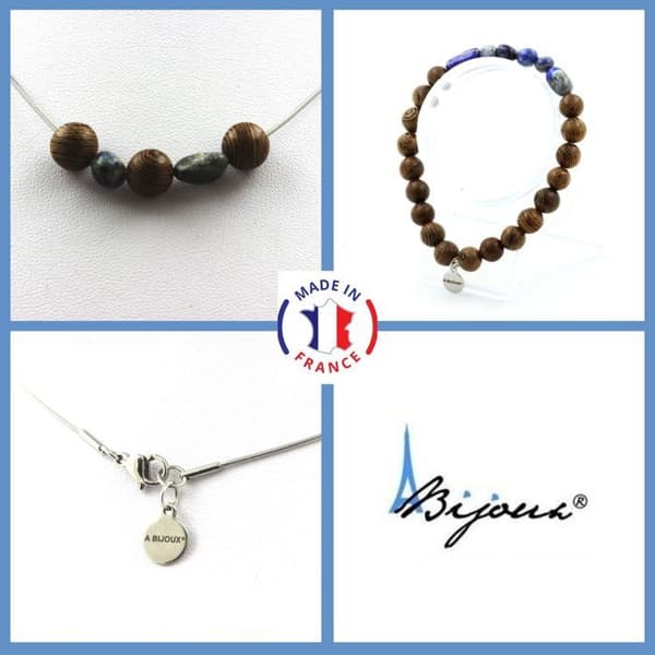 Parure smycken - Ett smycke - Halsband och armband - 8 mm träpärlor - Lapis Lazuli - Anpassningsbar längd