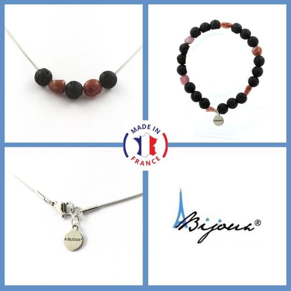 Stenar och mineraler. Smyckesset Armband Halsband 8 mm Lava Beads + Brazilian Ruby. Anpassningsbar storlek.
