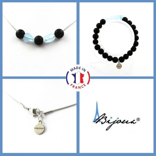 Parure smycken - A Bijoux - Matt svart onyx - Armband och halsband - Anpassningsbar storlek - Rostfritt stål
