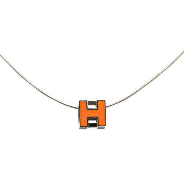 Pre-owned Hermès Palladium Plated Cage dH Cube Necklace Orange