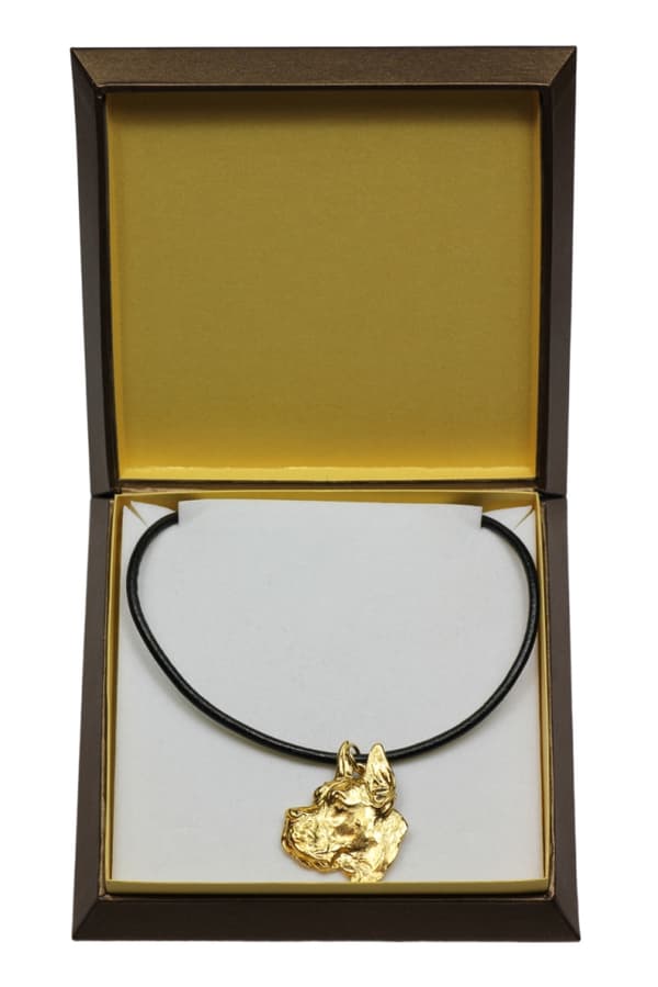 Great Dane I - halsband med en hund i presentask, guldpläterat hänge för en hundfantast, iögonfallande Art-Dog-smycken